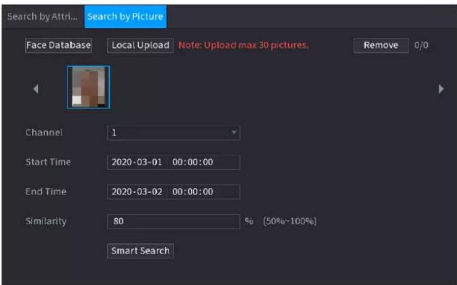 Search by Attri... Search by Picture Face Database Local Upload Note: Upload max 30 pictures. Remove 0/0 Channel 1 Start Time 2020-03-01 00:00:00 End Time 2020-03-02 00:00:00 Similarity 80 % (50%~100%) Smart Search