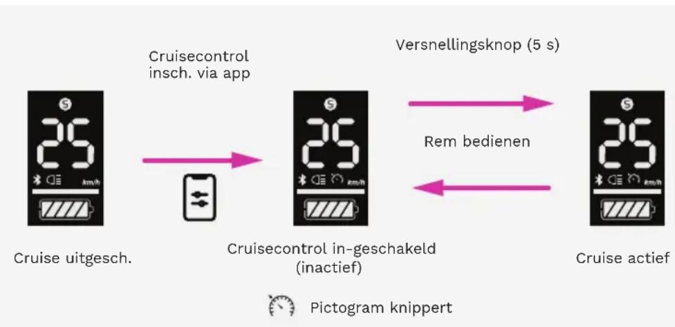 graph LR A["Cruise uitgesch."] -->|Cruisecontrol insch. via app| B["Cruise control in-geschakeld (inactief)"] B -->|Versnellingsknop (5 s)| C["Cruise actief"] B -->|Rem bedienen| C