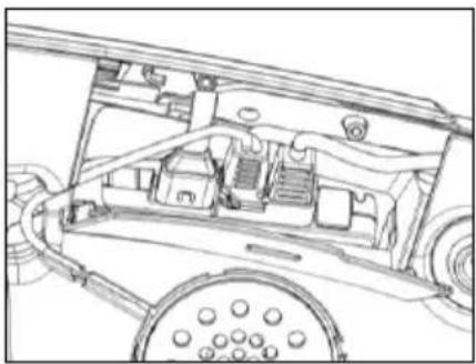 Technical line drawing of a vehicle chassis with internal components and wheels (no text or symbols)