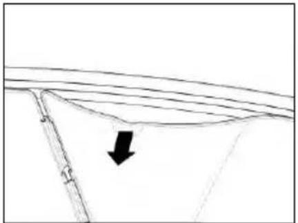 Pure technical line drawing of a roof structure with a black arrow indicating a detail (no text or symbols)