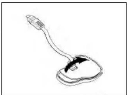 Line drawing of a handheld electronic device with a curved cable and connector (no text or symbols)