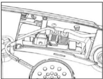 Technical line drawing of a vehicle interior showing structural components and engine (no text or labels)
