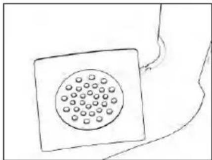 Simple line drawing of a square object with a circular pattern on top, connected by a curved line (no text or symbols)