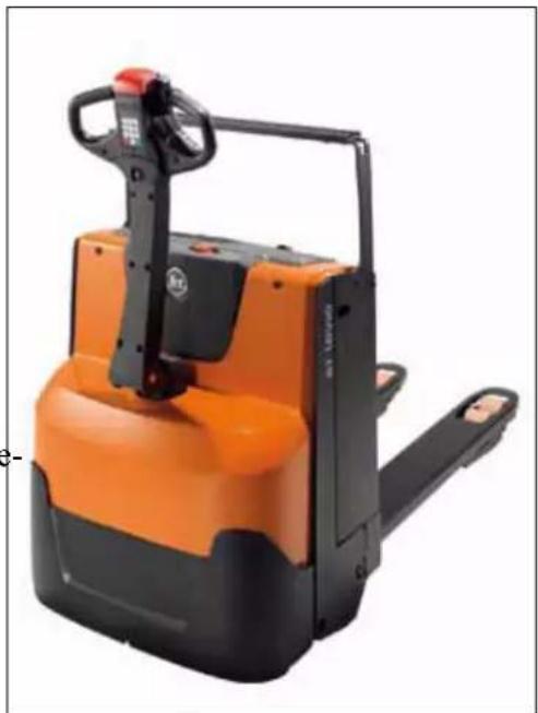 Orange and black pallet jack with handle, no visible text or symbols