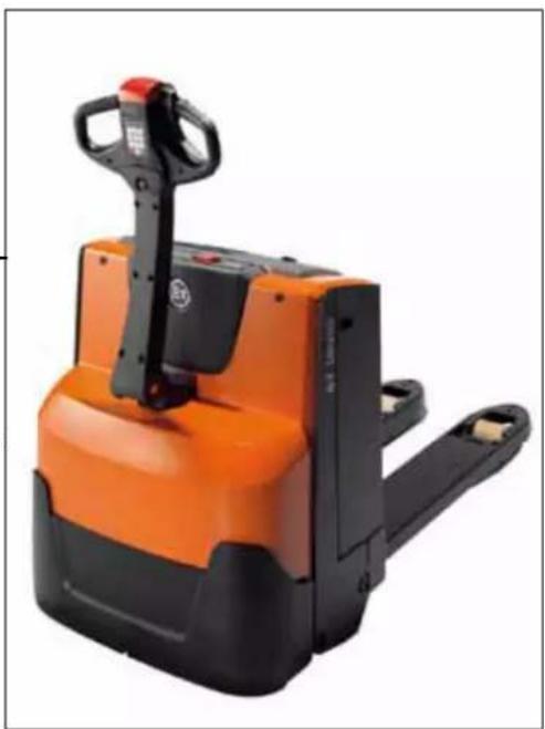Orange and black pallet jack with handle, no visible text or symbols
