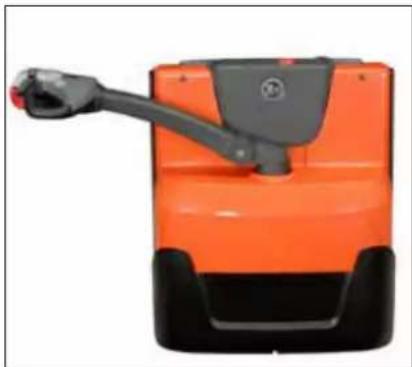 Orange and black robotic pallet jack with a gray handle (no visible text or symbols)