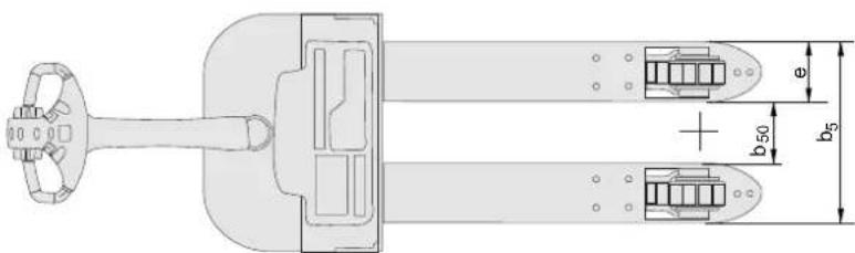Technical diagram of a mechanical component with labeled dimensions including b50, e, and b5