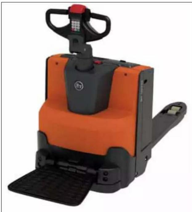 Orange and black automated pallet jack with control panel (no visible text or symbols)