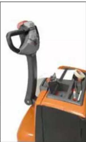 Close-up of a hand gripping a black mechanical lever on an orange forklift (no text or symbols visible)