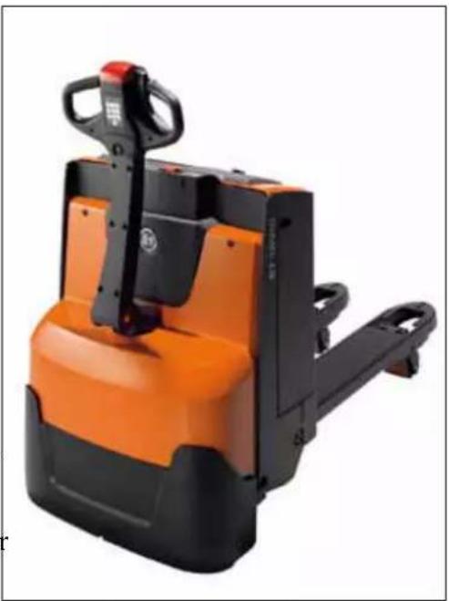 Orange and black pallet jack with handle, no visible text or symbols