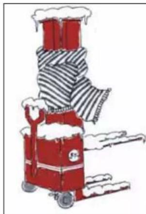Illustration of a red snow-covered cart with a stack of snow-covered items, no text or symbols present.