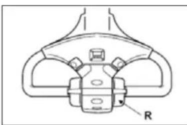 Technical line drawing of a mechanical component with labeled part R (no text or symbols beyond label)