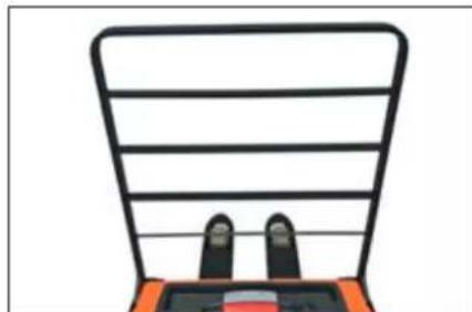 Top-down view of a black and orange pallet jack with two feet at the base (no text or symbols visible)