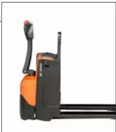 Side view of a black and orange automated pallet jack (no visible text or symbols)
