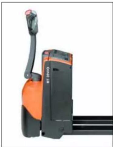Exterior view of a black-and-orange autonomous transport robot with a head-mounted sensor (no visible text or symbols)