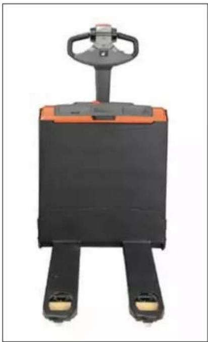 Black and orange pallet jack with handle and two side legs (no visible text or symbols)