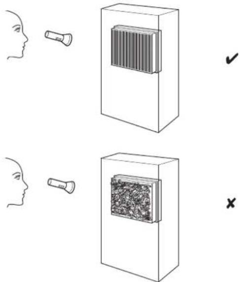 Diagram illustrating a person's profile with a flashlight and a storage box, showing correct and incorrect eye check options.