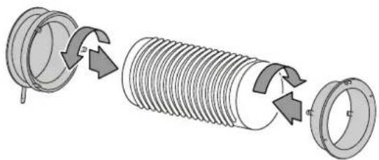 Diagram of a mechanical assembly showing a cylindrical component being folded into a flanged housing with directional arrows indicating rotation (no text or symbols present)