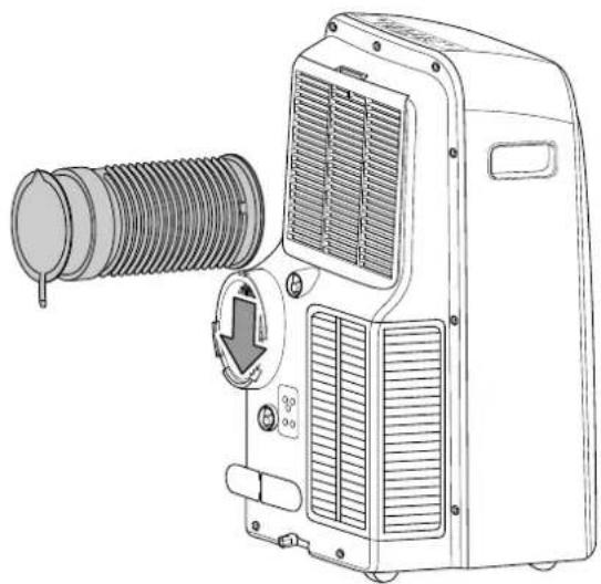 Line drawing of a portable air conditioner unit with a coiled tube and ventilation slots (no text or symbols)