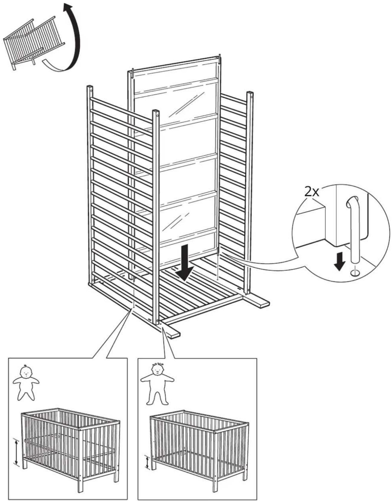 Diagram illustrating the structure and components of a baby crib with labeled parts and dimensions