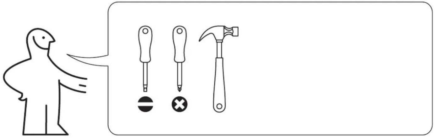 Illustration showing a person pointing to three different tools: screwdriver, hammer, and screwdriver with cross symbol.