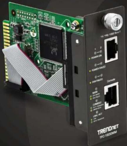 Green printed circuit board with power connector and TRENDET TFC-160GMM device (no readable text or symbols on main components)