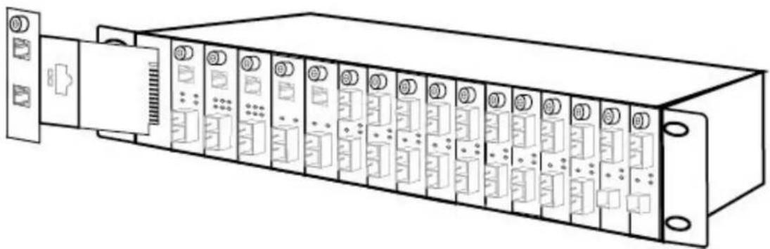 Line drawing of a rack-mounted server unit with multiple ports and connectors (no text or labels)