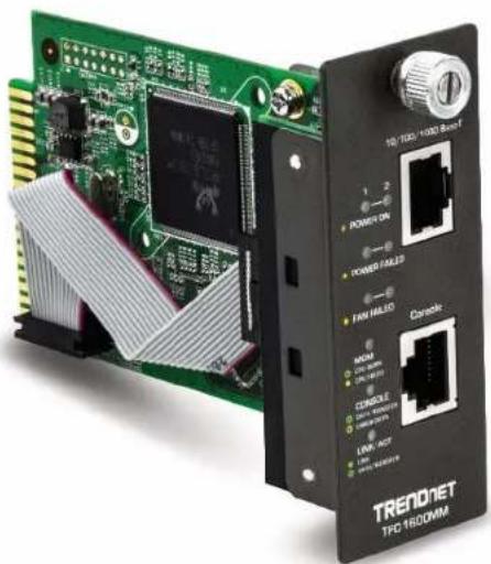 Two electronic devices: a green circuit board with internal components and a black TRENDET TPC 160DMM device, both without visible text or symbols.