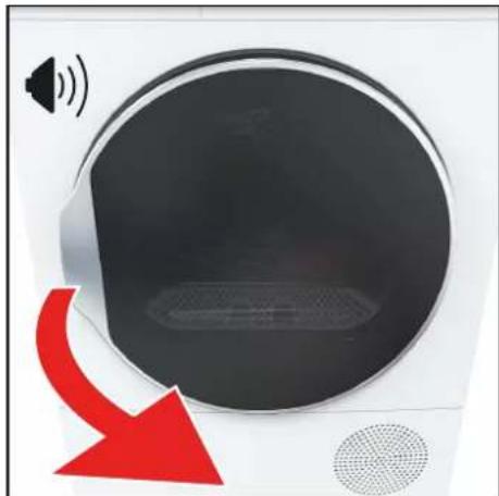 Close-up of a white washing machine with speaker icon and red arrow indicating sound or sound change (no text or symbols on device)
