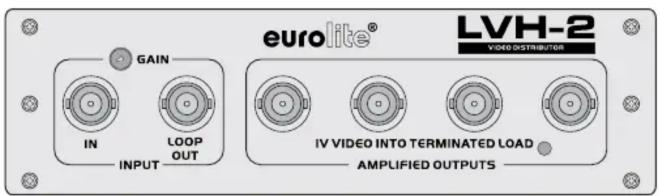 GAIN IN LOOP OUT INPUT eurolite® LVH-2 VIDEO DISTRIBUTOR IV VIDEO INTO TERMINATED LOAD AMPLIFIED OUTPUTS
