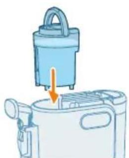 Illustration of a kitchen appliance with a handle and outlet, showing a downward arrow indicating a process (no text or symbols present).
