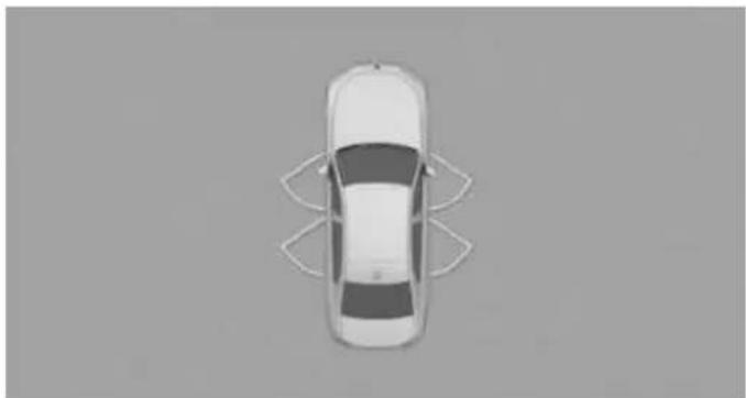 Top-down view of a car with visible steering wheel and roof-mounted sensors (no text or symbols)
