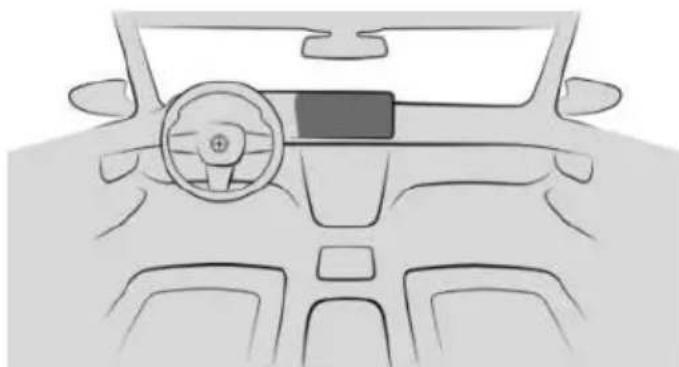 Front view line drawing of a car dashboard and steering wheel (no text or symbols)