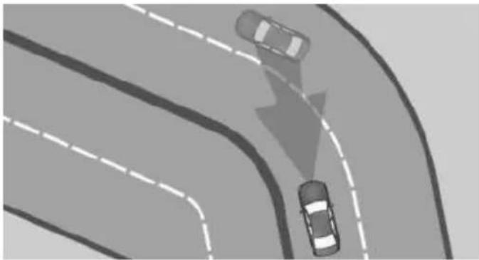 Top-down view of a multi-lane road with cars driving, showing lane markings and directional arrows (no text or symbols)