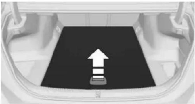 Top-down view of a car trunk with a black rectangular base marked by an upward arrow symbol (no text or labels)