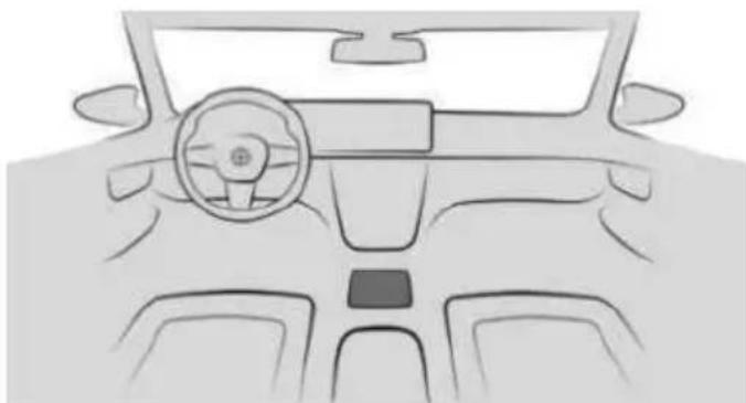 Front view line drawing of a car dashboard and steering wheel (no text or symbols)
