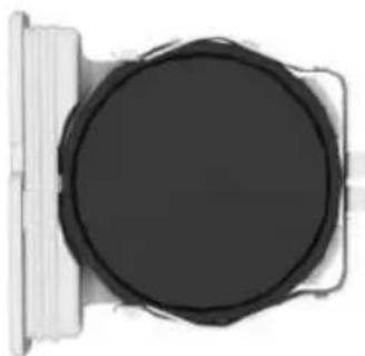 Top-down view of a cylindrical object with a dark central body and a white side panel (no text or symbols visible)
