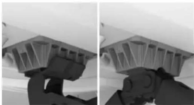Two-panel black-and-white photo showing a person holding a mechanical component, no visible text or symbols