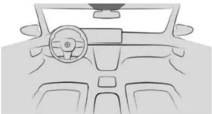 Front view line drawing of a car dashboard and steering wheel (no text or symbols)