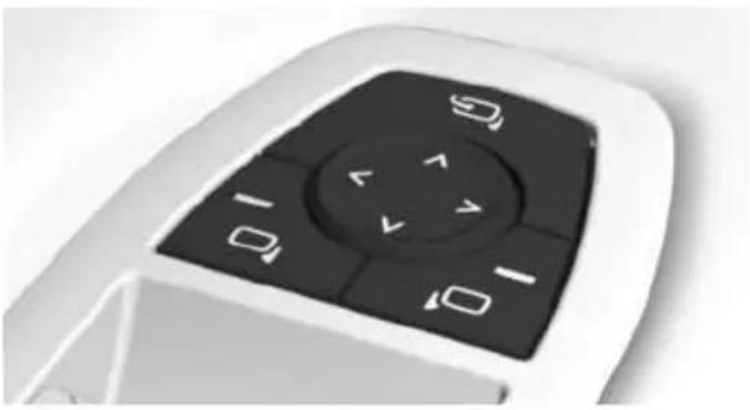 Close-up of a white remote control knob with black buttons and directional arrows (no text or symbols visible)