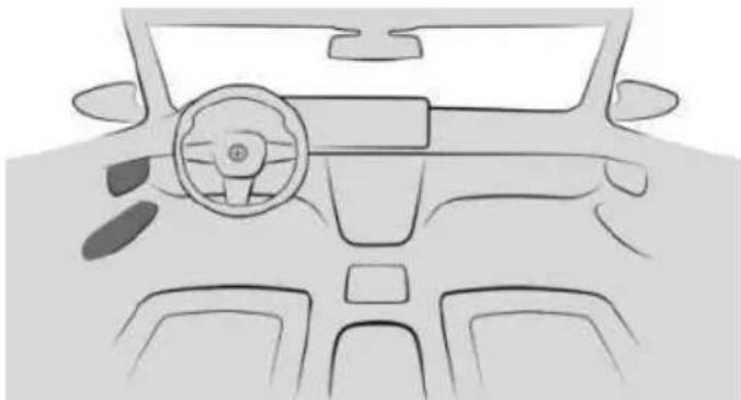 Front view line drawing of a car dashboard and steering wheel (no text or symbols)