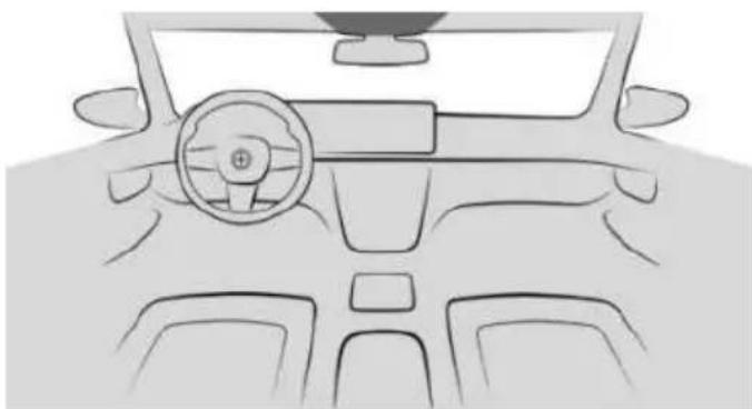 Front view line drawing of a car dashboard and steering wheel (no text or symbols)