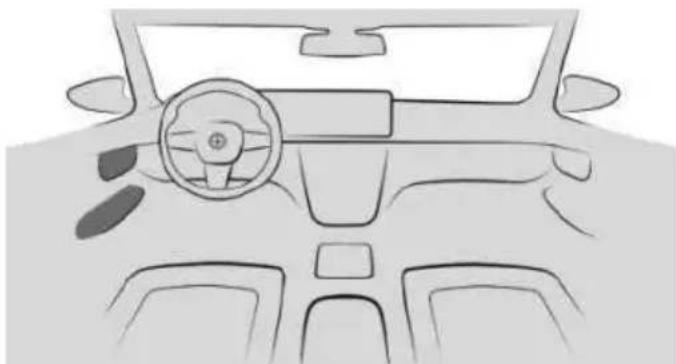 Front view line drawing of a car dashboard and steering wheel (no text or symbols)