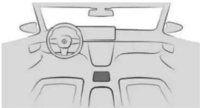 Front view line drawing of a car dashboard and steering wheel (no text or symbols)
