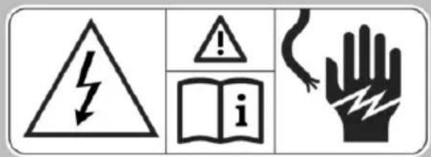 Warning symbols including a warning triangle, warning sign, open book with 'i', and hand with lightning bolt