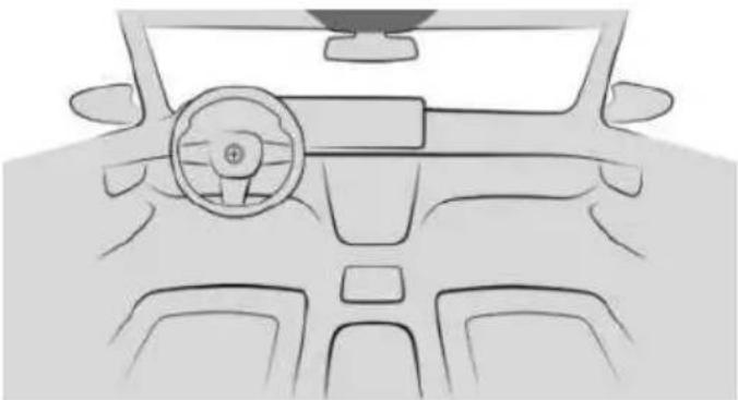 Front view line drawing of a car dashboard and steering wheel (no text or symbols)