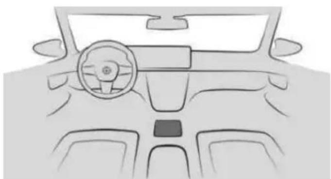 Front view line drawing of a car dashboard and steering wheel (no text or symbols)