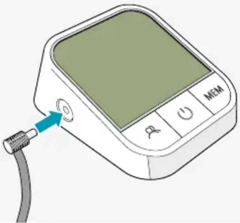 Diagram of a blood pressure monitor with labeled buttons and a blue arrow pointing to the device's tip, indicating medical or diagnostic reference.