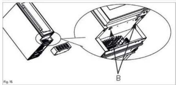 Technical diagram showing a mechanical assembly with an inset view of a device component labeled B, no text or symbols present.