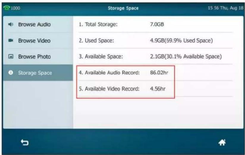1000 Storage Space 15 56 Thu, Aug 18 Browse Audio 1. Total Storage: 7.0GB Browse Video 2. Used Space: 4.9GB(59.9% Used Space) Browse Photo 3. Available Space: 2.1GB(30.1% Available Space) Storage Space 4. Available Audio Record: 86.02hr 5. Available Video Record: 4.56hr